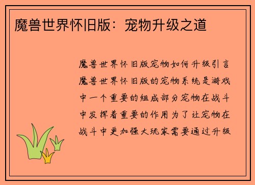 魔兽世界怀旧版：宠物升级之道